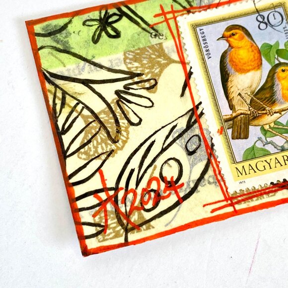 ACEO Original Mixed Media Art 1975 Hungary Bird Postage Stamp ATC - Picture 3 of 4